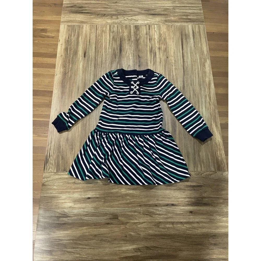 Janie & Jack Navy Blue Green White Striped Long Sleeve Dress Girls Size 5